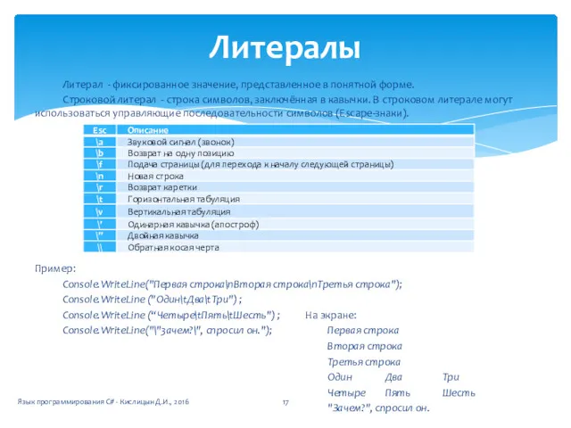 Литерал - фиксированное значение, представленное в понятной форме. Строковой литерал