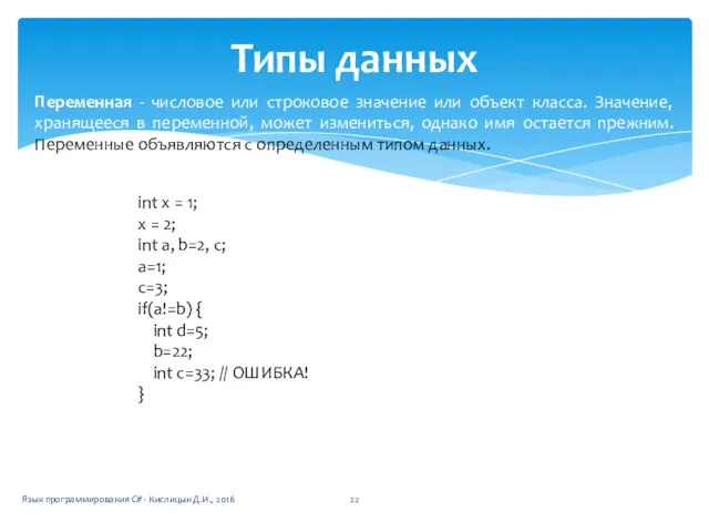 Типы данных Переменная - числовое или строковое значение или объект