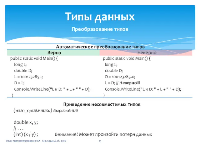 Типы данных Преобразование типов Приведение несовместимых типов (тип_приемника) выражение double