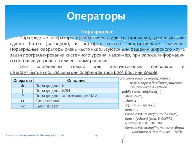 Операторы Поразрядные Поразрядные операторы предназначены для тестирования, установки или сдвига