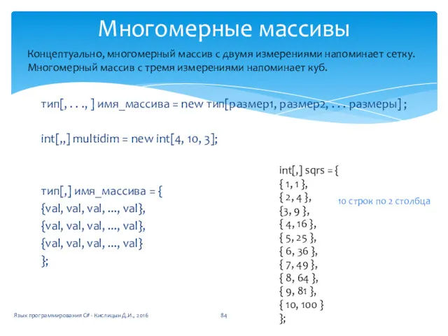 Многомерные массивы Концептуально, многомерный массив с двумя измерениями напоминает сетку.