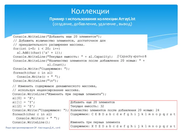 Коллекции Язык программирования C# - Кислицын Д.И., 2016 Пример 1