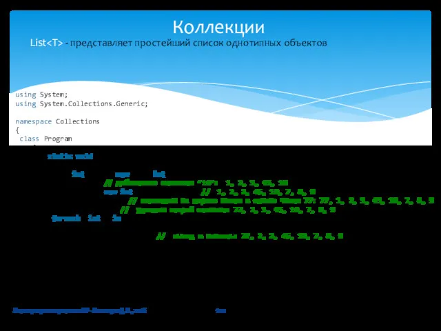 Коллекции Язык программирования C# - Кислицын Д.И., 2016 List -
