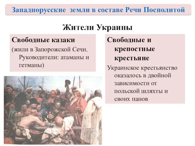 Жители Украины Свободные казаки (жили в Запорожской Сечи. Руководители: атаманы