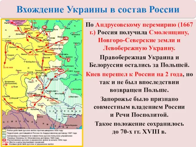 По Андрусовскому перемирию (1667 г.) Россия получила Смоленщину, Новгоро-Северские земли