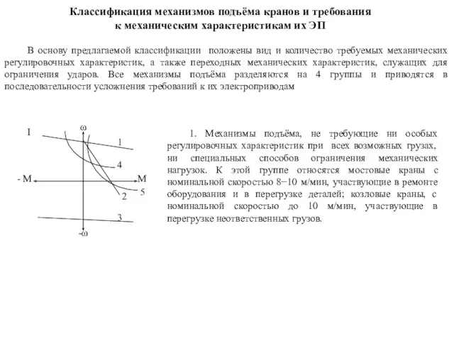 Классификация механизмов подъёма кранов и требования к механическим характеристикам их