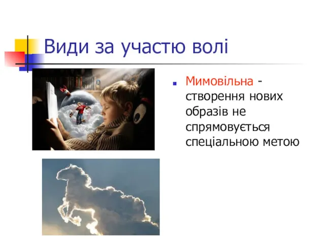 Види за участю волі Мимовільна -створення нових образів не спрямовується спеціальною метою