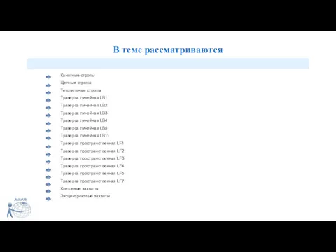 В теме рассматриваются Канатные стропы Цепные стропы Текстильные стропы Траверса