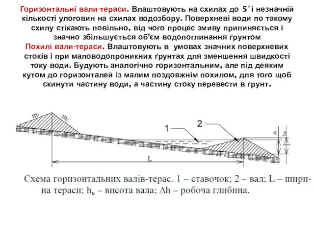 Горизонтальні вали-тераси. Влаштовують на схилах до 5 ̊ і незначній