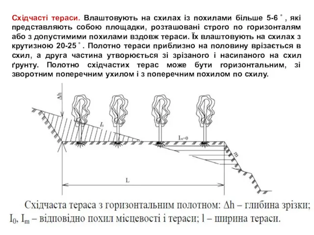 Східчасті тераси. Влаштовують на схилах із похилами більше 5-6 ̊