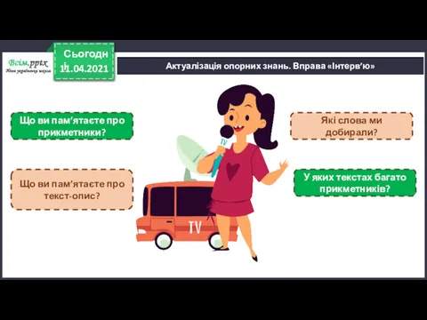 11.04.2021 Сьогодні Актуалізація опорних знань. Вправа «Інтерв’ю» Які слова ми