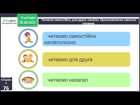 читаємо назагал читаємо для друга читаємо самостійно напівголосно 11.04.2021 Сьогодні