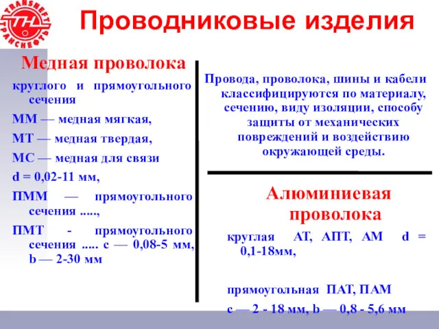 Проводниковые изделия Медная проволока круглого и прямоугольного сечения ММ —