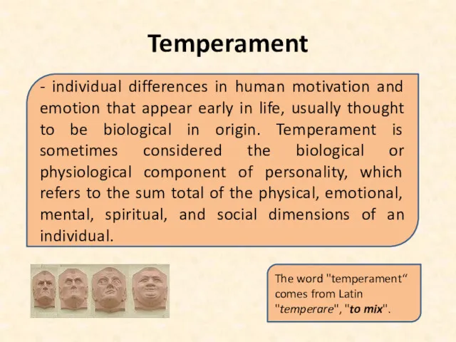 Temperament The word "temperament“ comes from Latin "temperare", "to mix". - individual differences