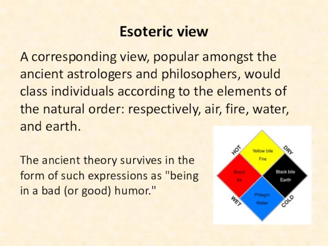 Esoteric view A corresponding view, popular amongst the ancient astrologers and philosophers, would