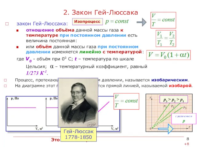 2. Закон Гей-Люссака закон Гей-Люссака: отношение объёма данной массы газа