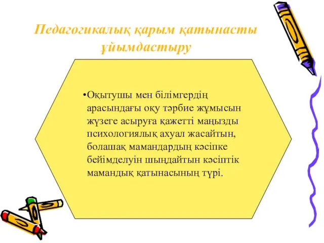 Педагогикалық қарым қатынасты ұйымдастыру Оқытушы мен білімгердің арасындағы оқу тәрбие