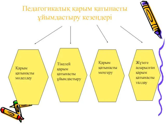 Педагогикалық қарым қатынасты ұйымдастыру кезеңдері Қарым қатынасты моделдеу Тікелей қарым