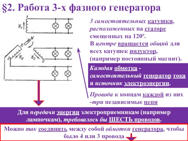 §2. Работа 3-х фазного генератора 3 самостоятельных катушки, расположенных на