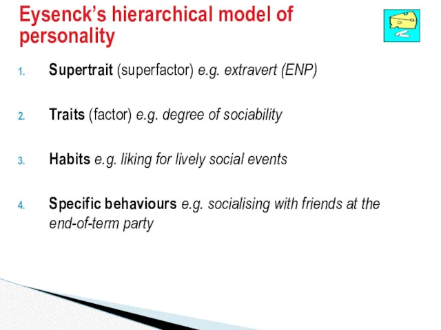 Eysenck’s hierarchical model of personality Supertrait (superfactor) e.g. extravert (ENP)
