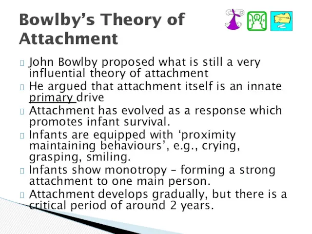 Bowlby’s Theory of Attachment John Bowlby proposed what is still