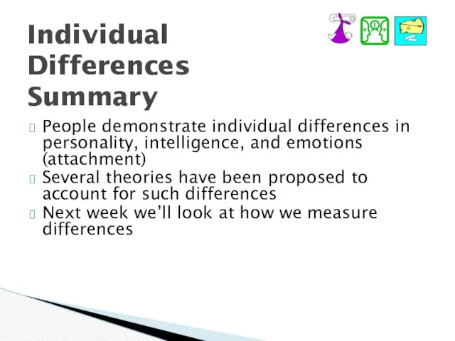 Individual Differences Summary People demonstrate individual differences in personality, intelligence,