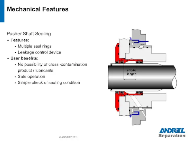 © ANDRITZ 2011 Mechanical Features Pusher Shaft Sealing Features: Multiple seal rings Leakage