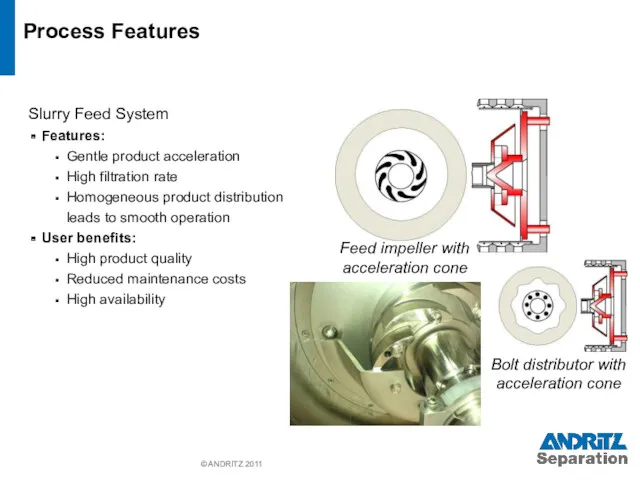 © ANDRITZ 2011 Process Features Bolt distributor with acceleration cone Feed impeller with