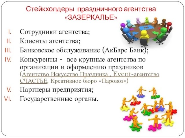 Стейкхолдеры праздничного агентства «ЗАЗЕРКАЛЬЕ» Сотрудники агентства; Клиенты агентства; Банковское обслуживание (АкБарс Банк); Конкуренты