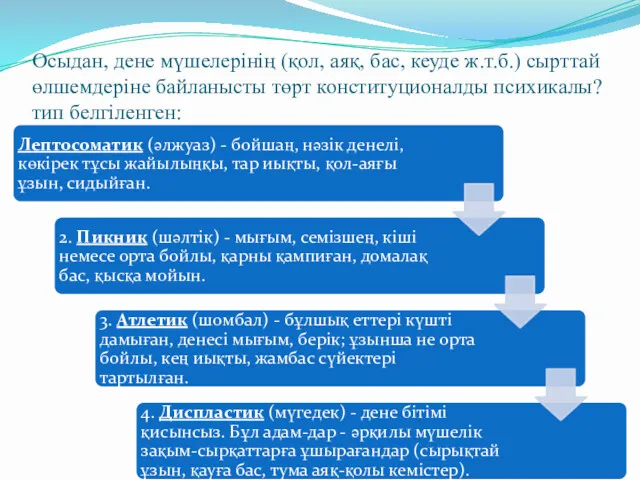 Осыдан, дене мүшелерінің (қол, аяқ, бас, кеуде ж.т.б.) сырттай өлшемдеріне байланысты төрт конституционалды психикалы? тип белгіленген: