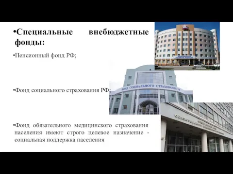 Специальные внебюджетные фонды: Пенсионный фонд РФ; Фонд социального страхования РФ;