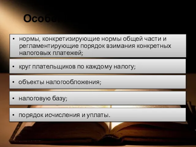 Особенная часть содержит: нормы, конкретизирующие нормы общей части и регламентирующие