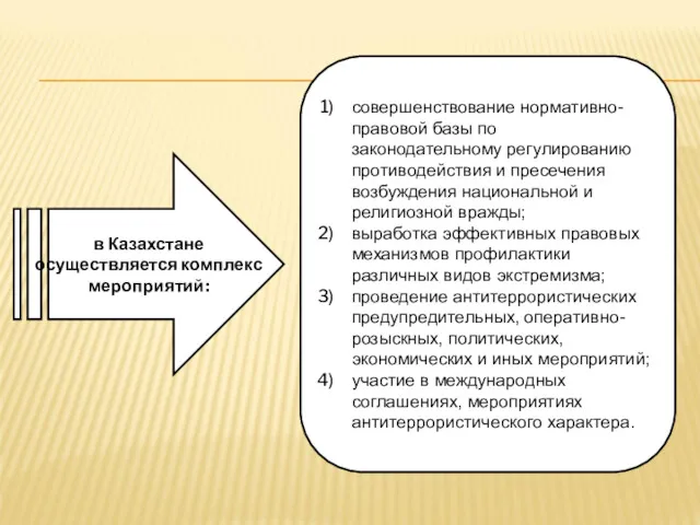 в Казахстане осуществляется комплекс мероприятий: совершенствование нормативно-правовой базы по законодательному