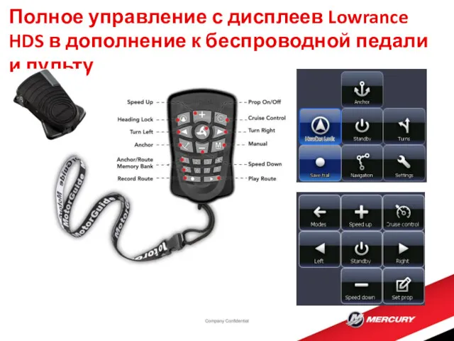 Полное управление с дисплеев Lowrance HDS в дополнение к беспроводной педали и пульту