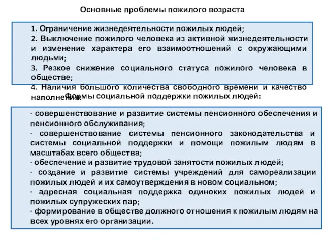 Основные проблемы пожилого возраста 1. Ограничение жизнедеятельности пожилых людей; 2.