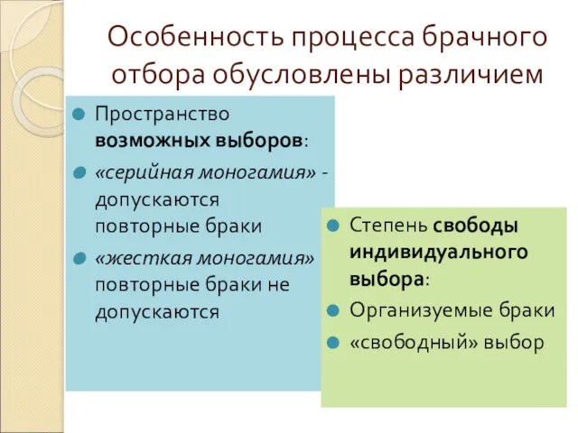 Особенность процесса брачного отбора обусловлены различием Пространство возможных выборов: «серийная