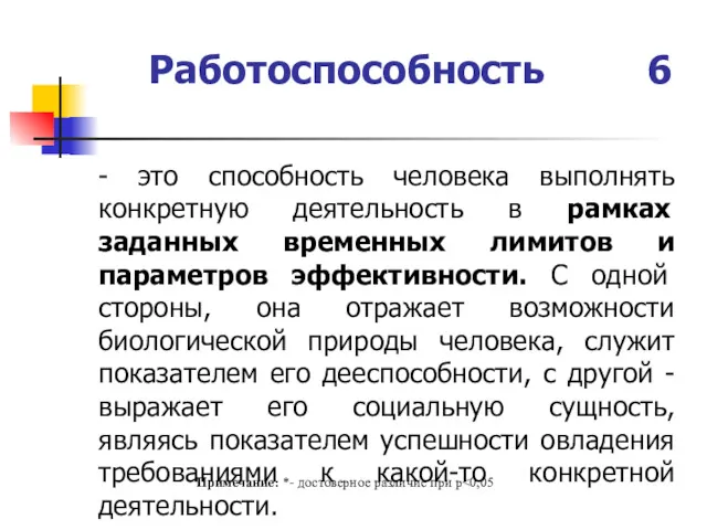 Работоспособность 6 Примечание: *- достоверное различие при p - это