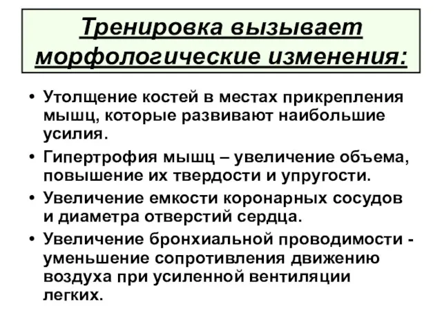 Тренировка вызывает морфологические изменения: Утолщение костей в местах прикрепления мышц,