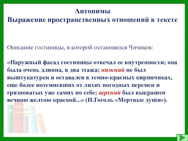 Антонимы Выражение пространственных отношений в тексте Описание гостиницы, в которой