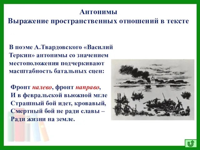 Антонимы Выражение пространственных отношений в тексте В поэме А.Твардовского «Василий