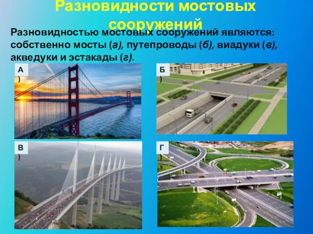 Разновидности мостовых сооружений Разновидностью мостовых сооружений являются: собственно мосты (а),