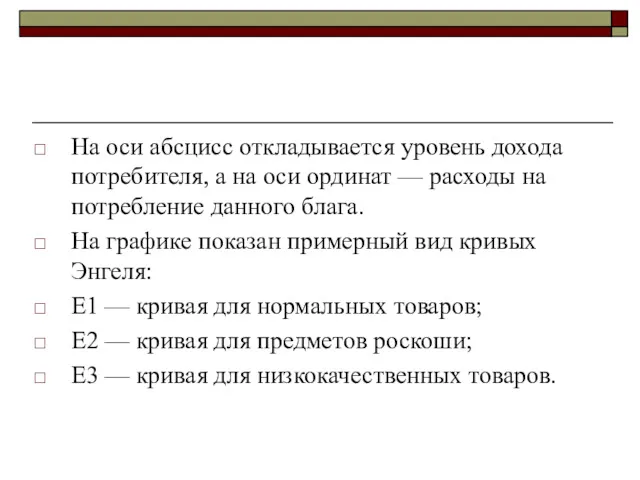 На оси абсцисс откладывается уровень дохода потребителя, а на оси