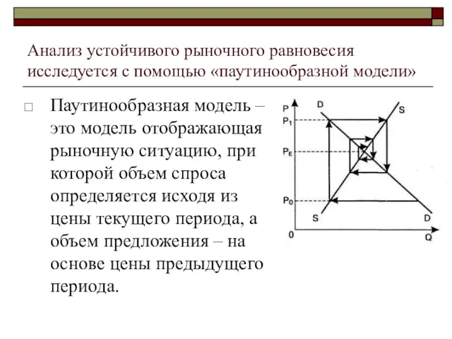 Анализ устойчивого рыночного равновесия исследуется с помощью «паутинообразной модели» Паутинообразная