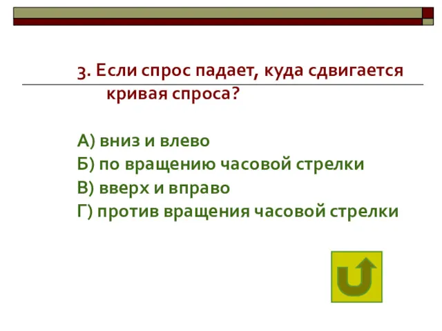 3. Если спрос падает, куда сдвигается кривая спроса? А) вниз