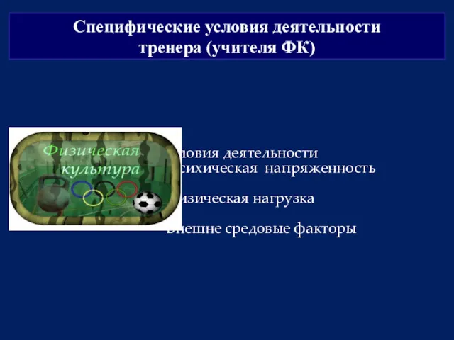 Специфические условия деятельности тренера (учителя ФК) Условия деятельности Психическая напряженность Физическая нагрузка Внешне средовые факторы