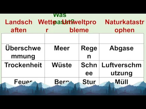 Was passt? Wetter Naturkatastrophen Umweltprobleme Landschaften