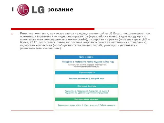 Позиционирование Политика компании, как указывается на официальном сайте LG Group,