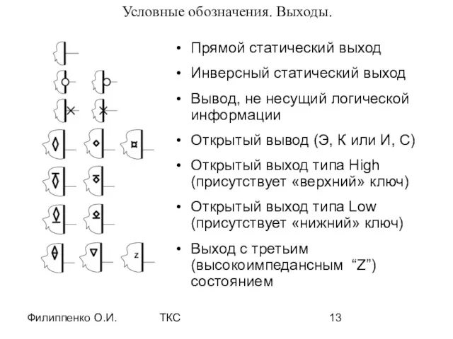 Филиппенко О.И. ТКС Условные обозначения. Выходы. Прямой статический выход Инверсный