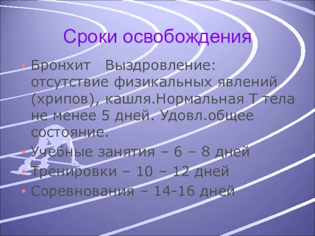 Сроки освобождения Бронхит Выздровление: отсутствие физикальных явлений(хрипов), кашля.Нормальная Т тела