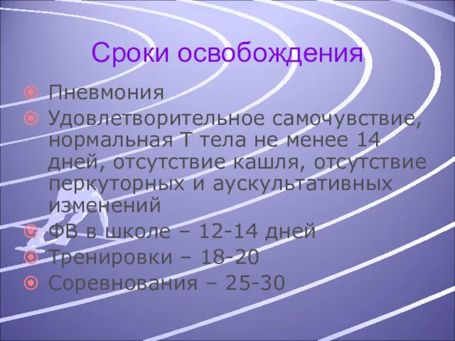 Сроки освобождения Пневмония Удовлетворительное самочувствие, нормальная Т тела не менее